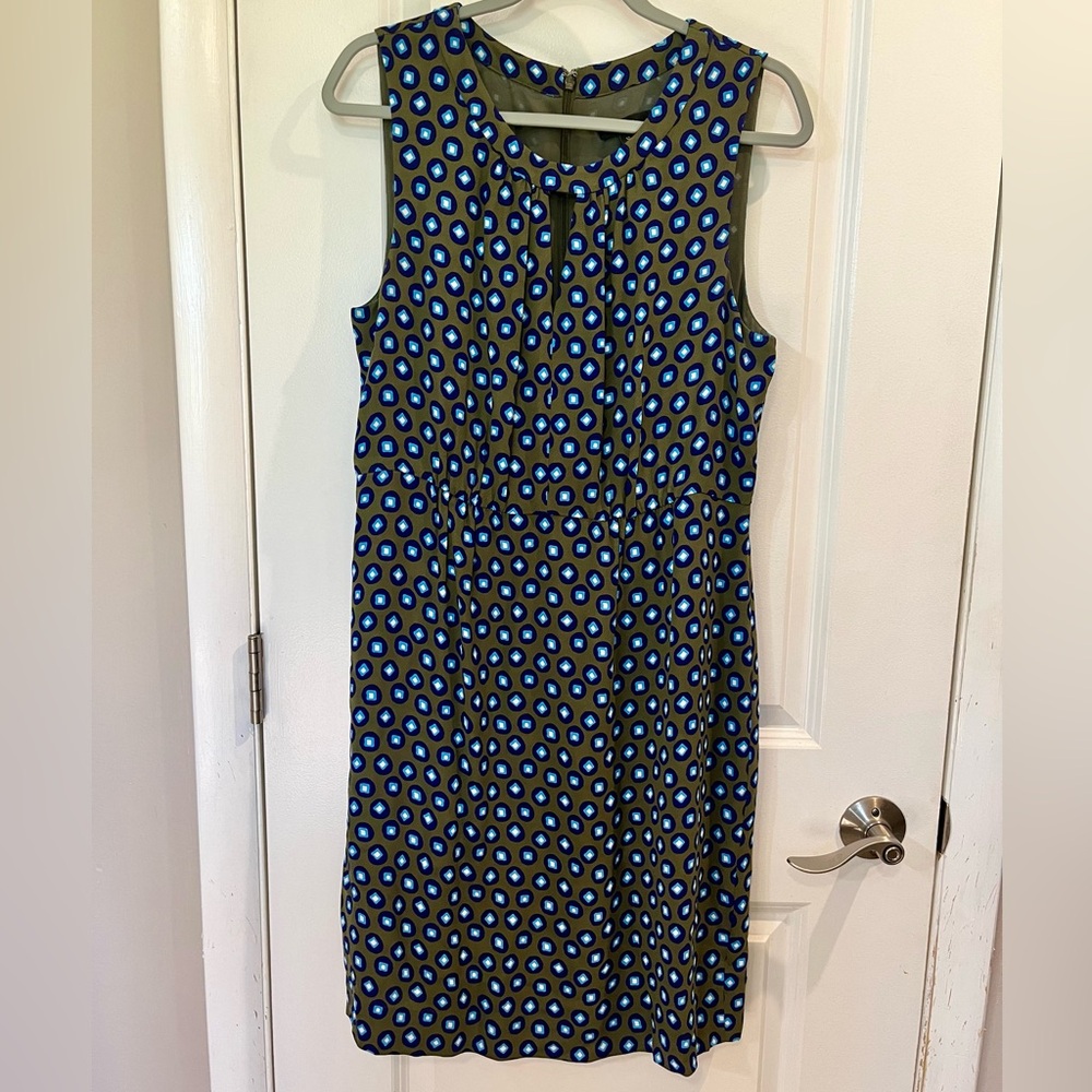 J Crew Tuscan Keyhole Sleeveless Sheath Midi Dress Sz 12 Olive /Blue Multi Dot